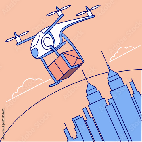 Futuristic Delivery Drone Flying with Package Over City Skyline