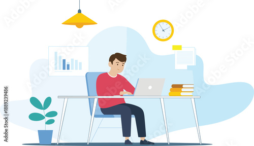 Modern flat vector illustration of young man working on laptop at home office desk with books and chart for remote work and business design
