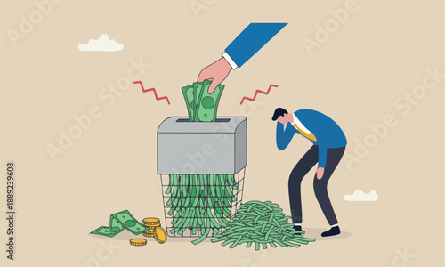 Money shred investment, scam or fraud causing losing money, mistake or financial failure spending concept, businessman hand feed banknote money into shredder to destroy losing all his wealth