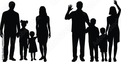 Silhouette families standing together and waving, parents with children outdoors, concept of unity, parenting, childhood, relationships, support, community and lifestyle scenes