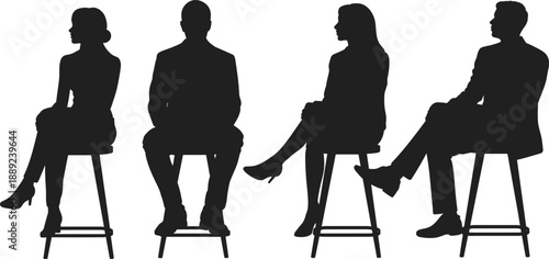 Silhouette of business professionals sitting on stools in formal attire, representing corporate teamwork, office discussion, leadership, modern workplace collaboration in minimalist design.