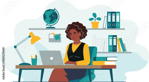 Flat vector illustration of black woman working on laptop at home office desk with books and lamp for remote work and education design