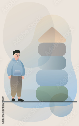 Man Standing Next to Achievement Stack Concept