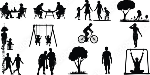 Silhouettes of families and individuals enjoying outdoor activities, exercise, playtime, and relaxation in nature, representing healthy lifestyle, bonding, recreation, and leisure moments