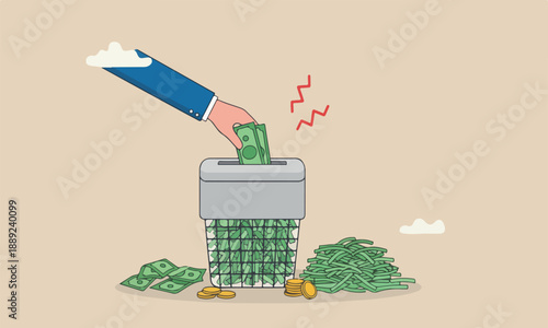 Money shred, or fraud causing losing money, mistake or financial failure spending concept, businessman hand feed banknote money into shredder to destroy losing all his wealth