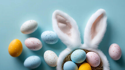 Easter party concept with top view photo of bunny ears white pink blue and yellow eggs on isolated pastel blue background with copyspace in middle festive arrangement spring