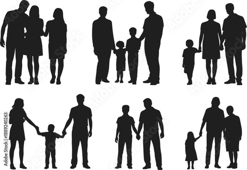 Silhouettes of families with children standing and holding hands, parenting and childhood concept showing family bonding, love, care, lifestyle, togetherness and everyday family relationships