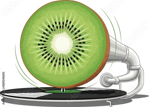 Giant kiwi slice spinning on record player retro music player fruit turntable sound creative concept entertainment healthy lifestyle graphic
