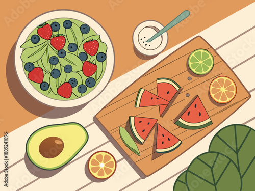 Healthy lifestyle concept, fresh fruits and vegetables on wooden table, natural sunlight, organic food, top view flat lay, high-resolution photography