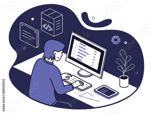 Web development and coding concept, programmer working on laptop with code on screen, dark mode workspace, modern technology environment, realistic photo