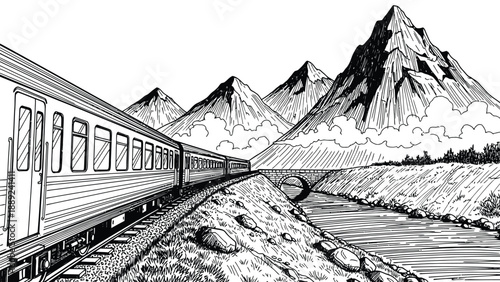 A train travels along a curved track by a river, set against snow-capped mountains and clouds. The scene evokes a sense of adventure and tranquility.