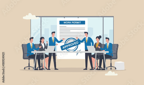 Work permit approved, contract agreement athority,employment signature, permission concept, businessman team meeting employee approved permit paper