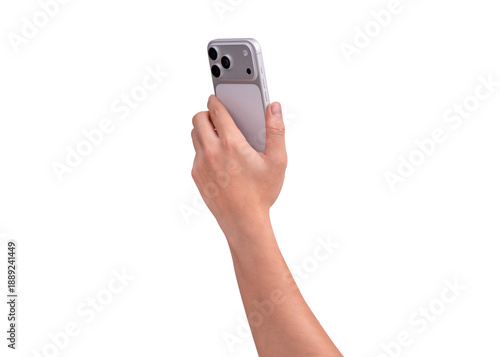 Rear view of hand holding smartphone mockup isolated on transparent background. Back side of mobile phone mockup for copy space.