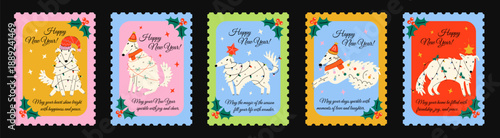 New Year greeting cards set with Borzoi dogs in postage stamp style, festive winter collection with sighthounds and holiday quotes.