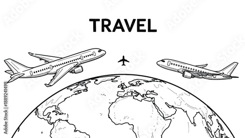 Airplanes fly above a globe with "Travel" in bold letters. The tone is adventurous, highlighting global exploration and air travel.