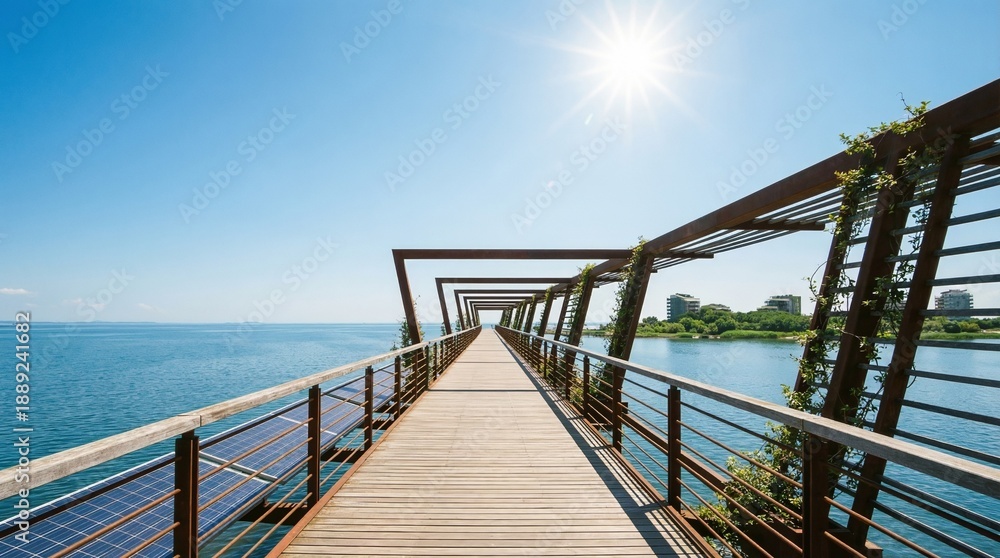 Obraz premium Wooden pier with metal frames and climbing greenery extending over calm blue lake. Scenic boardwalk path in sunny nature landscape. Outdoor trail concept for relaxation and exploration in summer
