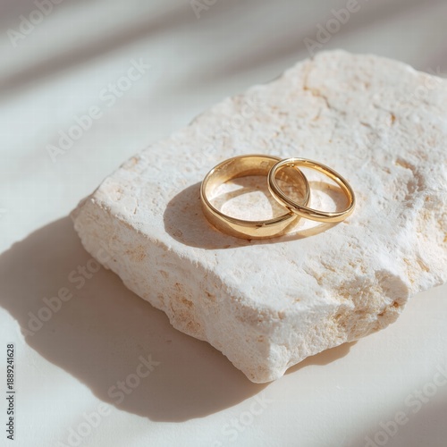Minimal still life: two intertwined gold rings on white stone, soft shadows, luxury simplicity
