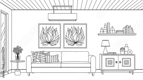 Line drawing of a living room with a sofa, pillows, and floral art on the wall. A side table with flowers, a cabinet with a lamp, books, and decor create a cozy feel.