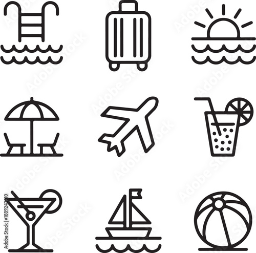 Travel and Tourism set of web icons in line style.Travel and vacation icons for web and mobile app. Airport, tickets, tour, relax, hotel, recreational 
