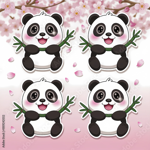 Set of cute panda cartoon stickers, clipart collection, graphic design illustration 