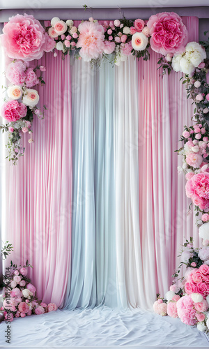 Different shades of pink roses and peonies decorated with soft pastel curtains wallpaper, digital background, graphic design 