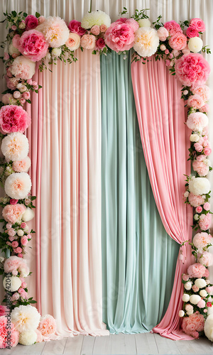 Different shades of pink roses and peonies decorated with soft pastel curtains wallpaper, digital background, graphic design 
