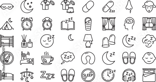 Sleep, Rest & Relaxation Line Icons Set for Wellness, Bedtime Routine, and Sleep Health Design Projects

