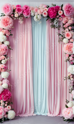 Different shades of pink roses and peonies decorated with soft pastel curtains wallpaper, digital background, graphic design 