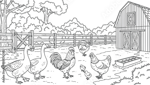 Farm scene with geese, chickens, and chicks near a wooden barn. The background includes trees and a fenced area. The tone is peaceful and rustic.