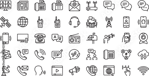 Communication and Connectivity Line Icons Set for Digital Interaction, Customer Support, and Global Networking Design Projects