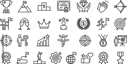 Success, Leadership & Recognition Line Icons Set for Business Achievement, Awards, and Motivational Design Projects

