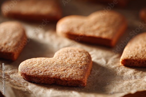 Heart-shaped cinnamon cookies on parchment paper, warm kitchen light, shallow depth of field
