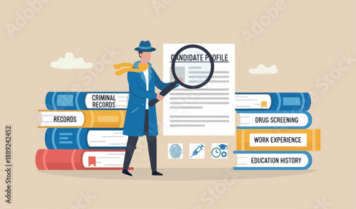Background check for employment or recruitment, criminal drug check on big book candidate or employee, work experience career history concept, detective magnifier checking on candidate document.
