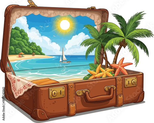 Open suitcase with beach scene, tropical island vacation, palm trees, ocean view, summer travel luggage