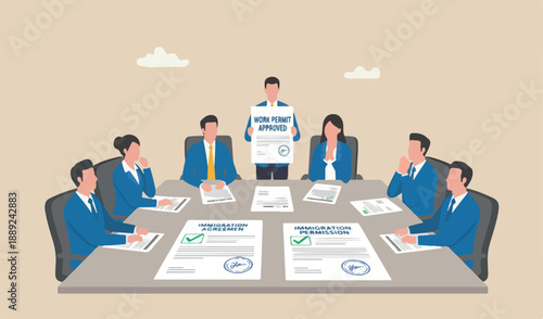 Work permit approved, contract agreement athority,employment signature, permission concept, businessman together team meeting approved permit paper.