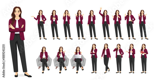Big set of beautiful business young woman wearing formal outfit in different poses. Various gestures female character standing and sitting in the armchair. Isolated vector illustration