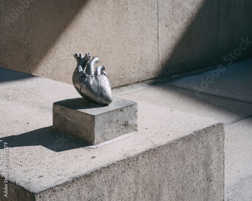 Metallic heart sculpture on concrete pedestal, brutalist gallery vibes, sharp shadows