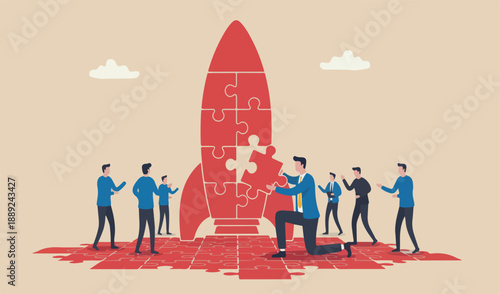 Solve business problem with creativity, finishing or complete brilliant , work solution business concept, smart businessman assemble piece team of jigsaw complete red big rocket puzzle