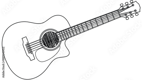 Line drawing of an acoustic guitar, angled diagonally. The guitar has six strings, visible frets, and a circular sound hole, conveying simplicity and musical focus.