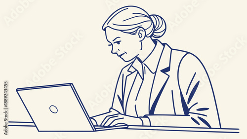 A businesswoman works intently on her laptop presented as a striking silhouette
