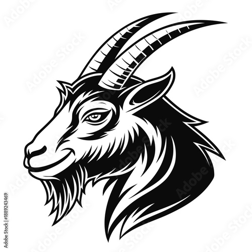 Detailed black and white illustration of a majestic goat head in striking silhouette
