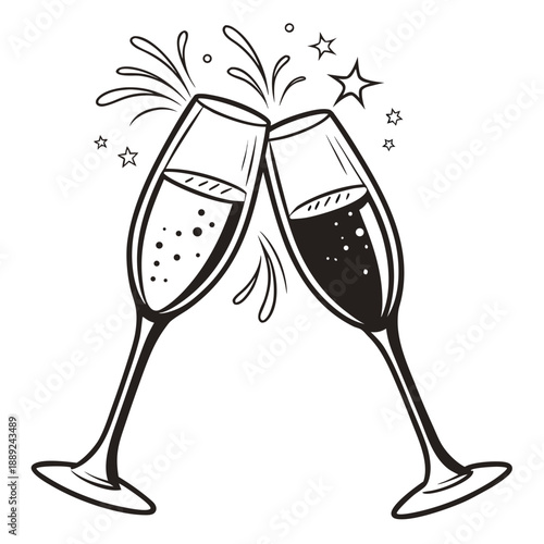 Two champagne glasses clink in a celebratory toast depicted as a striking silhouette