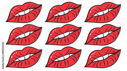 Nine vibrant red lips arranged in a grid a striking visual composition silhouette