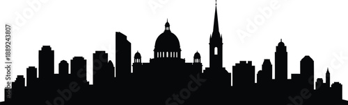 City skyline with various buildings and towers silhouette on transparent  background