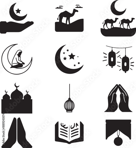 Islamic Ramadan Icon Set with Crescent Moon, Mosque, Prayer and Lantern Symbols