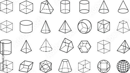 Collection of various geometric shapes with lines and points on transparent background .