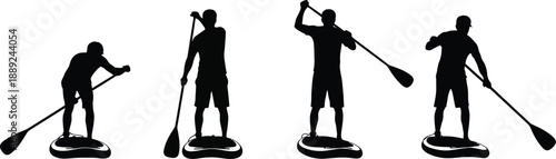Four silhouettes of men standing on paddleboards in different poses with oars isolated on transparent background