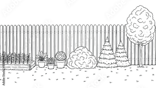 Black-and-white illustration of a garden with a wooden fence backdrop. It features a garden bed with plants, potted plants, shrubs, two conical trees, and a large leafy tree. The scene conveys a pea