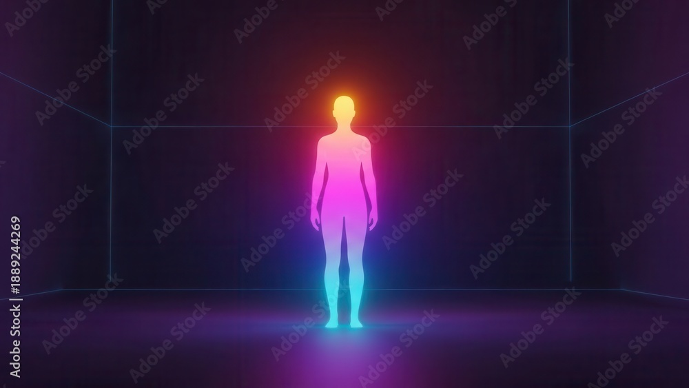 Fototapeta premium Vibrant Glowing Human Silhouette in Abstract Neon Grid Space Depicting Digital Identity