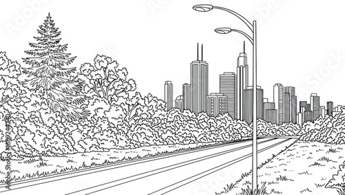 Line art of a cityscape with a road leading to a skyline of skyscrapers. Trees line the road, and a streetlamp stands in the foreground. Calm and orderly scene.